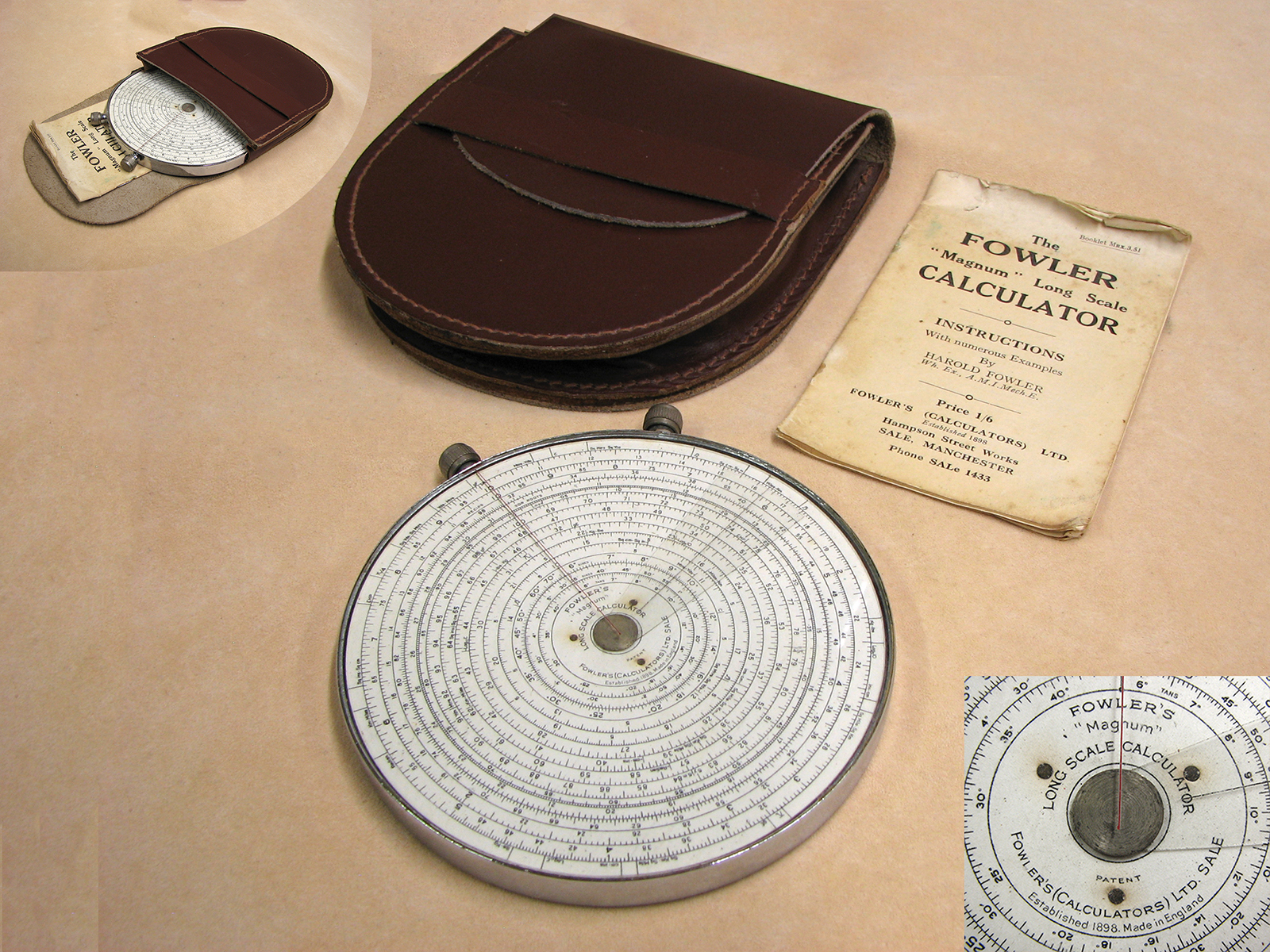 1930s Fowler's Magnum Long Scale calculator in leather case
